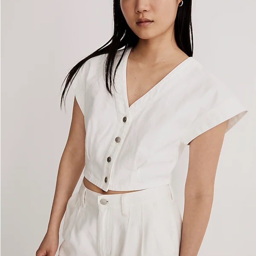 Madewell White Denim Cap-Sleeve Crop Top
